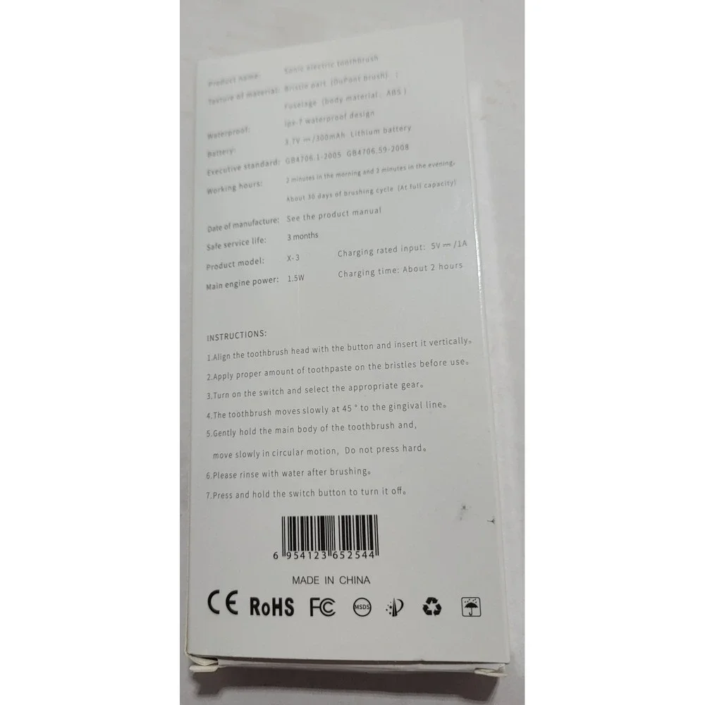 X-3 IPX7 Sonic Electric Toothbrush, Rechargeable Waterproof, 6 Speed White